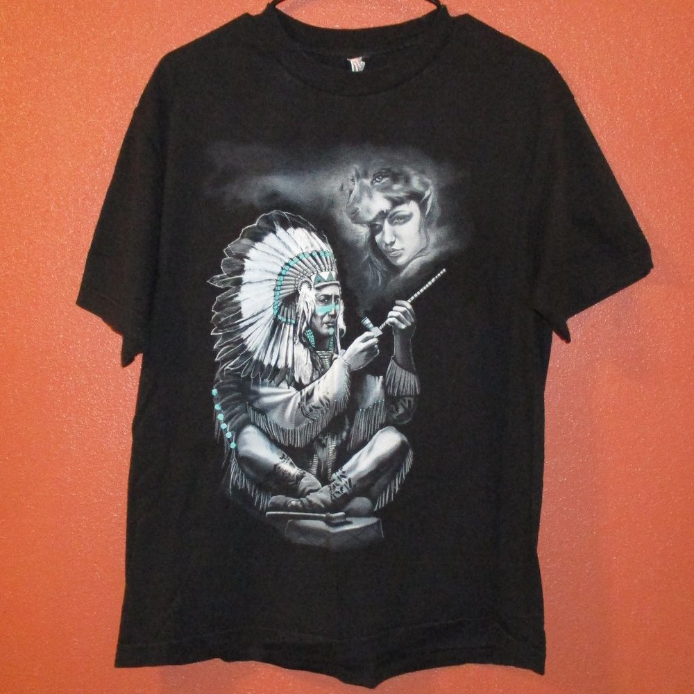 Native American Shirt Indian Chief Woman Large Black Blue White Alstyle Shirt